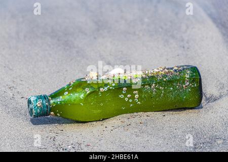 Plastikflasche gestrandet aufgespülter Müll und Müllverschmutzung auf dem Botafogo Beach Sand in Rio de Janeiro Brasilien. Stockfoto