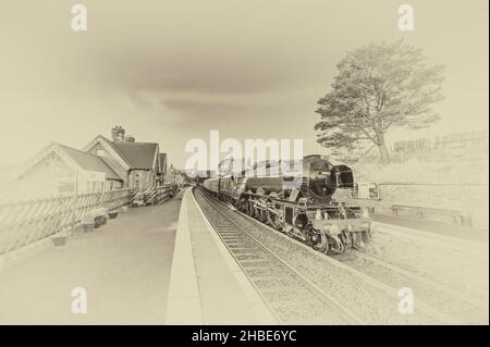 Der berühmte Flying Scotsman Dampfzug, der durch den Dent Railway Station in den Yorkshire Dales fährt, dem höchsten Bahnhof Englands Stockfoto