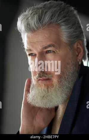 Nahaufnahme eines eleganten, nachdenklichen, grauhaarigen Mannes mittleren Alters, der wegschaut und seinen Bart berührt, während er in einem Gebäude posiert Stockfoto