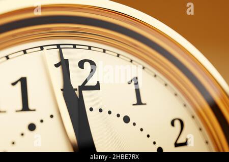 3D Abbildung Nahaufnahme der antiken goldenen runden Uhr auf orangefarbenem isoliertem Hintergrund. Stoppuhrsymbol, Logo. Chronometer, Vintage-Timer Stockfoto