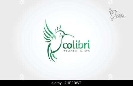 Colibri Wellness und Spa Vektor-Logo-Vorlage. Skizzierte Kolibri colibri isoliert auf weißem Hintergrund. Logo-Vektorgrafik. Stock Vektor