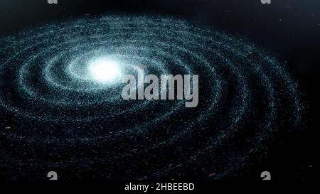 Fliegen durch das Universum voller Sterne auf schwarzem Hintergrund, nahtlose Schleife. Atemberaubende spiralförmige kosmische Landschaft. Stockfoto