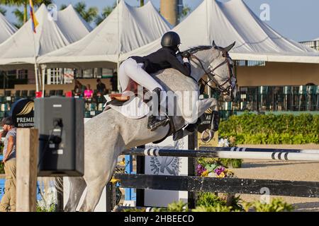 Wellington, Florida, USA. 19th. Dezember 2021. Beim Vita Flex Grand Prix springen Sie über das Hindernis. High Junior Jumper Stake. Hoher Amateur-Jumper-Einsatz. Mittlerer Junior-Jumper-Einsatz. Mittelgroßer Amateur-Jumper-Einsatz. Großer Preis. Kredit: Yaroslav Sabitov/YES Market Media/Alamy Live Nachrichten Stockfoto