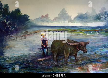 Handgemalte originale Meisterwerke des Impressionismus Malerei Kunst Ölfarbe Malerei Pflugmann Büffel Überfluss Landwirt in den Provinzen in thailand Stockfoto