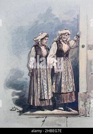 Frauen in albanischer Tracht, Albanien, Originaldruck aus dem Jahr 1899, Frauen im traditionellen albanischen Kleid, Albanien, historisch, historisch, digital verbesserte Reproduktion eines Originals aus dem 19. Jahrhundert, Originaldatum nicht bekannt, koloriert, handcoloriert, Koloration, Digital improssert Stockfoto