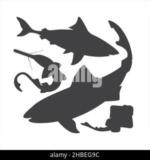Set mit Haifisch-Silhouetten. Lachs, Engel, sonnen sich und sahen Haifische Stock Vektor