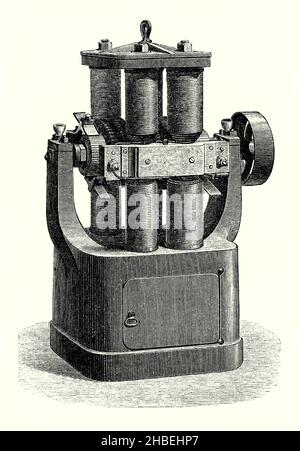 Eine alte Gravur einer Gram Machine, ein magneto-elektrisches Gerät aus der Mitte des Jahres 1800s. Es stammt aus einem viktorianischen Buch der 1890s über Entdeckungen und Erfindungen während des 1800s. Dieses spezielle Gerät verfügt über acht vertikale Elektromagnete. Es wurde für die Beleuchtung verwendet. Eine Gram-Maschine (Gram Ring, Gram Magneto oder Gram Dynamo) ist ein elektrischer Generator, der Gleichstrom erzeugt, benannt nach seinem belgischen Erfinder Zénobe Théophile Gram (1826 –1901). Es wurde entweder als Dynamo oder Magneto gebaut. Er war der erste Generator, der genügend Strom für den industriellen Einsatz produzierte. Stockfoto