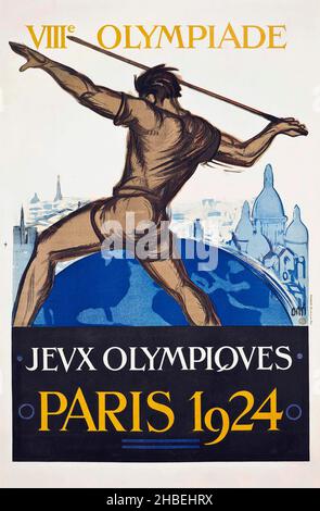 Poster der Olympischen Sommerspiele - Olympiade VIIIe JEVX OLYMPQVES - Olympische Spiele 1924 in Paris. Ein Mann wirft einen Speer. Stockfoto