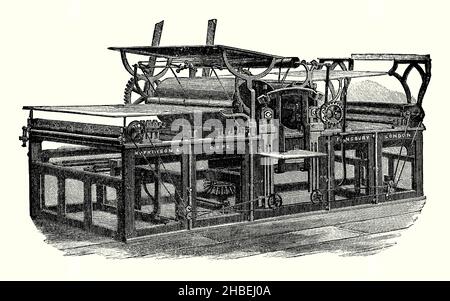 Eine alte Gravur, die einen Hopkinson und Cope ‘Perfecting Machine’ Mitte 1800s zeigt. Es stammt aus einem viktorianischen Buch der 1890s über Entdeckungen und Erfindungen während des 1800s. Diese britische Dampfmaschine verwendet einen Bogeneinzug, um auf beiden Seiten des Papiers auf einer Maschine zu drucken, indem die Rollen das Blatt umdrehen. Anfang 1870s erfand Richard March Hoe eine ‘Web Perfecting Press’. Dabei wurde eine durchgehende Papierrolle verwendet, die in einem Durchgang mit einer Geschwindigkeit von 800 Fuß (240 m) pro Minute durch die Maschine gebracht werden konnte.