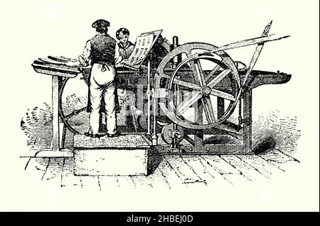 Eine alte Gravur, die Napier’s Platen Machine der 1820s zeigt. Es stammt aus einem viktorianischen Buch der 1890s über Entdeckungen und Erfindungen während des 1800s. Der früheste Versuch, eine mit einer klappbaren Druckplatte (die Platte in einer Buchdruckmaschine, die das Papier gegen den Typ drückt) betriebene Druckmaschine zu machen, wurde von Daniel Treadwell (1791–1872) unternommen. Treadwell, ein Amerikaner, der in England lebt, entwarf eine Presse und ließ den schottischen Pressebauer David Napier 1821 bauen. Es wurde aus Holz gefertigt und zum ersten Mal mit einer rotierenden Farbscheibe ausgestattet.