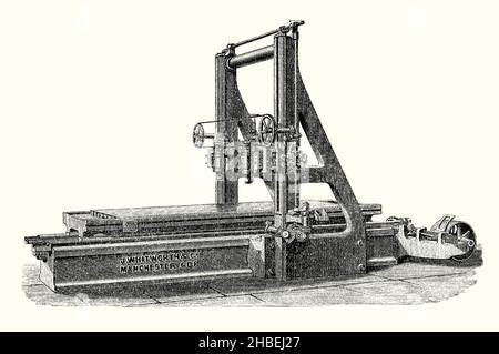 Eine alte Gravur, die Whitworth’s Hobelmaschine von 1877 zeigt. Es stammt aus einem viktorianischen Buch der 1890s über Entdeckungen und Erfindungen während des 1800s. Dieser große Tischgerät wurde zum Platinen von Metall verwendet. Sir Joseph Whitworth, (1803–1887) war ein englischer Ingenieur, Unternehmer, Erfinder und Philanthrope. 1841 entwickelte er das britische Standard Whitworth-System, das den anerkannten Standard für Schraubengewinde schuf. Stockfoto