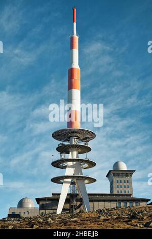 Gipfel des Brockens im Nationalpark Harz, Sachsen-Anhalt, Deutschland. Höchster Gipfel des Harzes. Stockfoto