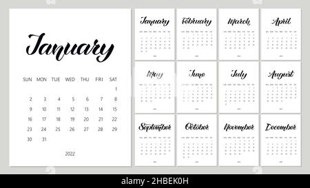 Vector Kalender Planner für 2022 Jahr mit handgezeichneten Schriftzügen und Farbkritzeln. Set mit 12 Monaten. Die Woche Beginnt Am Sonntag. Briefpapier-Design. Objekte iso Stock Vektor
