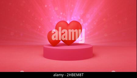 Abstrakt Valentinstag Hintergrund mit zwei roten Herzen auf dem Podium. Festliches Konzept. 3D Abbildung. Stockfoto