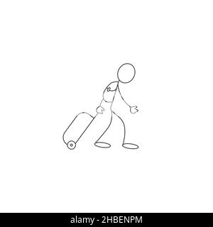 Tourist Mann Passagier mit Rucksack und Rolltasche Stick Figur Symbolvektor isoliert auf weißem Hintergrund. Stock Vektor