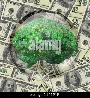 Elektronisches Gehirn in Kristallkugel. US-Dollar-Hintergrund. 3D Rendern Stockfoto