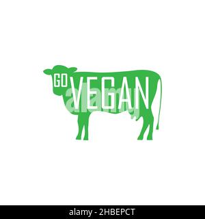 Vegane Motivationsvektor grüne Kuh flache Silhouette mit Worten darauf. Stock Vektor