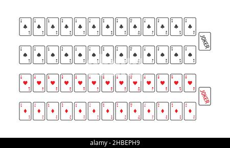 Volles Kartenspiel mit Vektorkarten und zwei Jokern. Schlichtes, minimalistisches Design. Stock Vektor