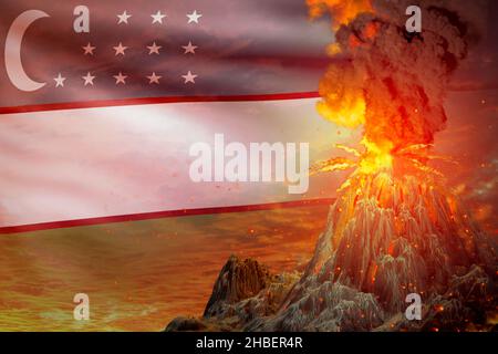 Großer Vulkanausbruch in der Nacht mit Explosion auf Usbekistan Flagge Hintergrund, leiden an Naturkatastrophe und vulkanischem Erdbeben konzeptionell 3D i Stockfoto