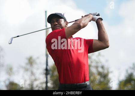 Orlando, Florida, USA. 19th Dez 2021. Tiger Woods schlägt das 8th-Loch während der letzten Runde der PNC Championship im Ritz-Carlton Golf Club in Orlando, Florida ab. (Bild: © Debby Wong/ZUMA Press Wire) Stockfoto