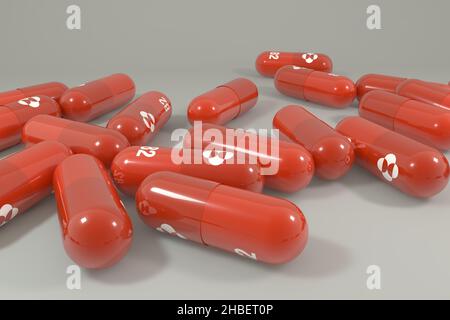 Molnupuiravir-Kapseln. Synthetisches Nukleosid-basiertes Covid-19-Medikament. 3D Rendern. Stockfoto