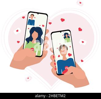 Online-Datum. Hand hält ein Telefon mit einem Videoanruf eines verliebten Paares auf dem Hintergrund eines Herzens Stock Vektor