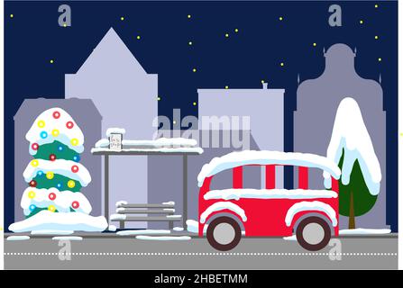 Stadt Postkarten Bushaltestelle mit Schnee bedeckt. Nacht Stadtlandschaft mit Sternen flachen Stil Stock Vektor