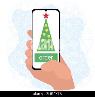 Bestellen Sie einen Weihnachtsbaum über eine Anwendung in einem Smartphone in der Hand. Stock Vektor