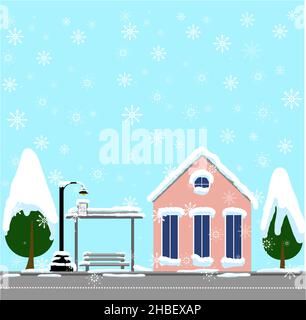 Stadtpostkarten Niedliche Weihnachten Winterlandschaft, nette weihnachtsstadt und Dorf mit flachem Stil Stock Vektor