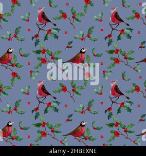 Winter Vögel Aquarell nahtlose Muster, Bullfinch, Robin Redbreast, Wintersaison, Weihnachten Hintergrund, holly Pflanze, Mistel, rote Beere. Stockfoto