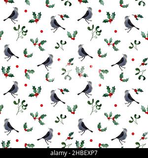 Winter Birds Aquarell nahtlose Muster, Bullfinch, Robin Redbreast, Winter Saison Cover, Weihnachten Hintergrund, holly Pflanze, Mistel, rote Beere. Stockfoto