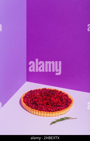Cranberry-Tarte. Köstliche Cranberry-Tarte mit Gelierten und frischen Cranberries zu Weihnachten auf violettem Hintergrund Stockfoto