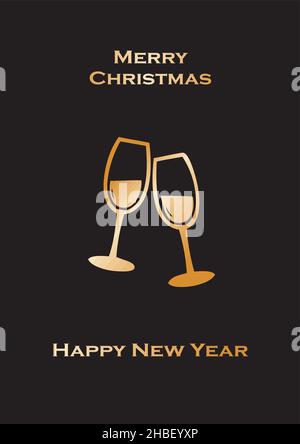 Champagner-Ikone. Klirren und Toasten mit zwei festlichen Gläsern Champagner und funkelndem Feuerwerk. Vektorgrafik. Stock Vektor
