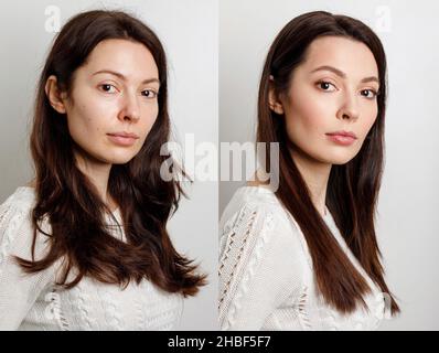 Frau vor und nach dem Make-up. . Das Konzept der Transformation, Schönheit nach dem Auftragen von Make-up mit einem Make-up-Künstler. Ergebnis ohne Retusche Stockfoto