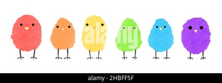 Set Regenbogen Aquarell Hühner. Flauschige Bunte Küken. LGBT-Federkarte. Stockfoto