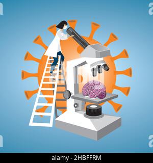 Forscher analysieren die Wirkung einer Coronavirus-Infektion auf das Gehirn. Klettern auf Leiter, um in das Mikroskop zu schauen. Vektorgrafik. EPS10. Stock Vektor