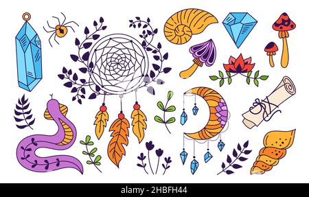 Mystic Outline Set, Witchcraft Symbole Kristall, Schale, Traumfänger, Spinne, Schlange. Spirituelles Boho Doodle handgezeichnete okkulte Elemente. Zauberer Zeichen Alchemie und esoterische. Für Stempel, Hexenvektor drucken Stock Vektor