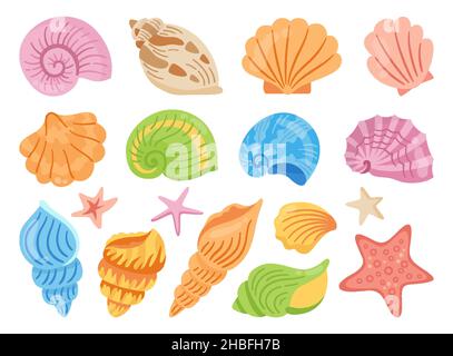 Muschelschalen Cartoon handgezeichnetes Set. Meeresmuschel, Seesterne, Spiralmuschel, Senke der Muschel. Tropische Reise unter Wasser Design Elements flache bunte Kollektion. Im Sommer isolierte Vektorgrafik Stock Vektor