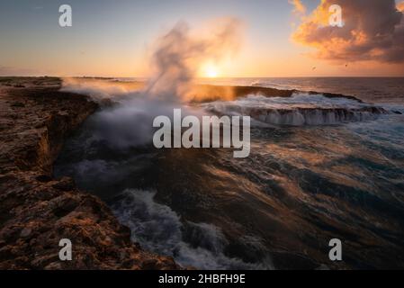 Die Wellen schlagen in eine Meereshöhle, während das Wasser als salziger Nebel entlang der Nordküste Arubas in die Luft schießt. Stockfoto