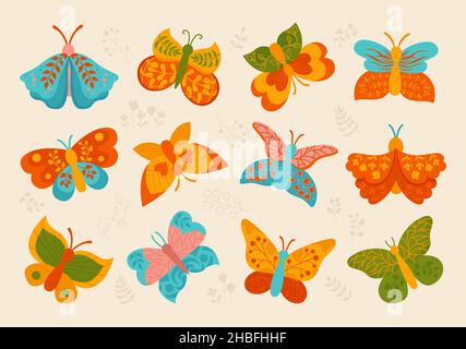 Schmetterling exotisch verziertes Set. Elegante Schmetterlinge und Motten isoliert Kollektion. Abstrakt stilisiertes tropisches Insekt, helle Flügel. Wildlife Kinder handgezeichnetes Symbol, dekorative Design-Elemente Vektor Stock Vektor