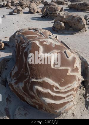 Nahaufnahme eines gebrochenen Eiersteinbrockens in einem Tal in der De-Na-Zin Wildnis oder Bisti Badlands in New Mexico. Stockfoto