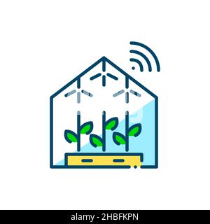 Automatisiertes intelligentes Gewächshaus mit Sensoren. Futuristische Trends in der Landwirtschaft. Pixel perfekt, editierbare Kontur farbenfrohes Symbol Stock Vektor