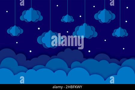 Cloud Papier Schnitt blau Himmel flach Stil. Cartoon volumetrische Splash Wallpaper Postkarte. Nacht dunkel Sternenhimmel Handwerk Origami moderne horizontale 3d-Hintergrund. Gute Wetter Einladung News Vektor Illustration Stock Vektor