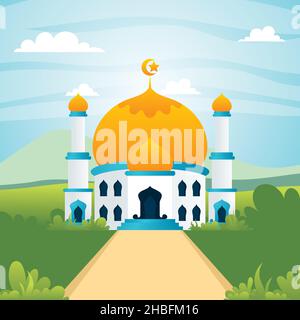 Ramadan Kareem Moschee mit Landschaft Landschaft, islamische flache Cartoon-Illustration Stock Vektor