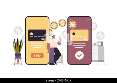 Geschäftsmann sendet oder empfängt Dollar-Münzen über Smartphones Geldüberweisung Zahlung Finanztransaktionen Stock Vektor