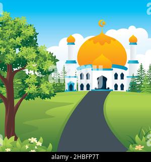 Moschee mit Naturlandschaft, islamische Landschaft flache Stil Illustration Stock Vektor