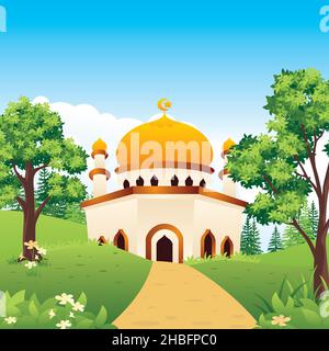 Moschee mit Naturlandschaft, islamische Landschaft flache Stil Illustration Stock Vektor