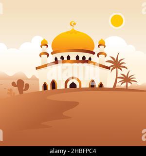 Moschee auf Wüste islamische Illustration, eid mubarak Hintergrund mit flachem Stil Stock Vektor