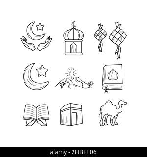 Religiöse Sammlung Ramadan Kareem. Accessoire für Happy Day Ramadan Kareem mit handgezeichneter Doodle-Optik Stock Vektor