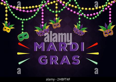 mardi Gras Hintergrund mit Perlen und Hängemaske. vektor-Design-Illustration Stock Vektor